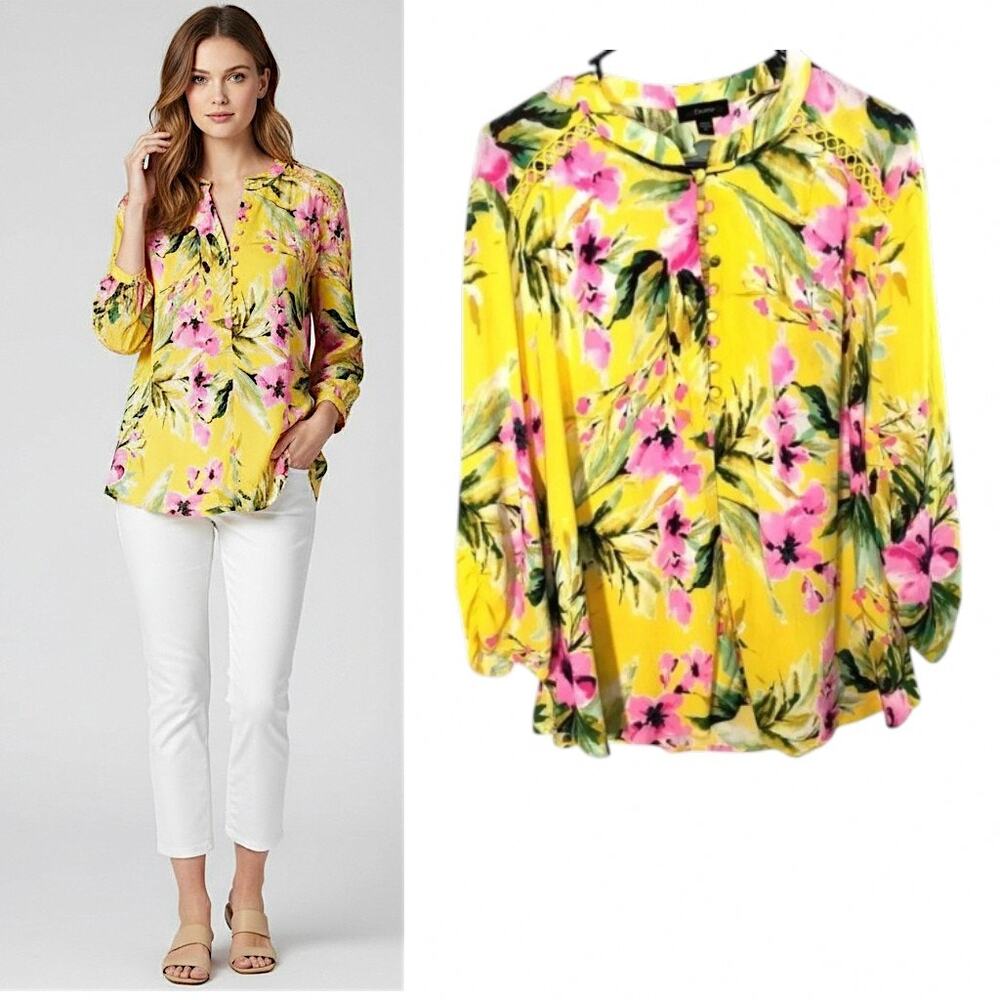 Cocomo Tunic Top Yellow Floral XL Long Sleeve Lace Detail Cottagecore Boho